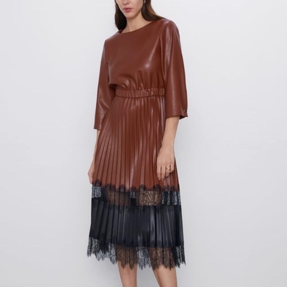 Zara Contrasting Vegan Leather Pleated Dress - Picture 6 of 8
